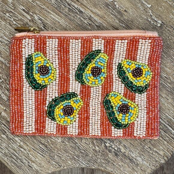 Avocado Striped Beaded Coin Purse Wallet Travel Pouch Womens Accessories NEW! - Picture 2 of 5